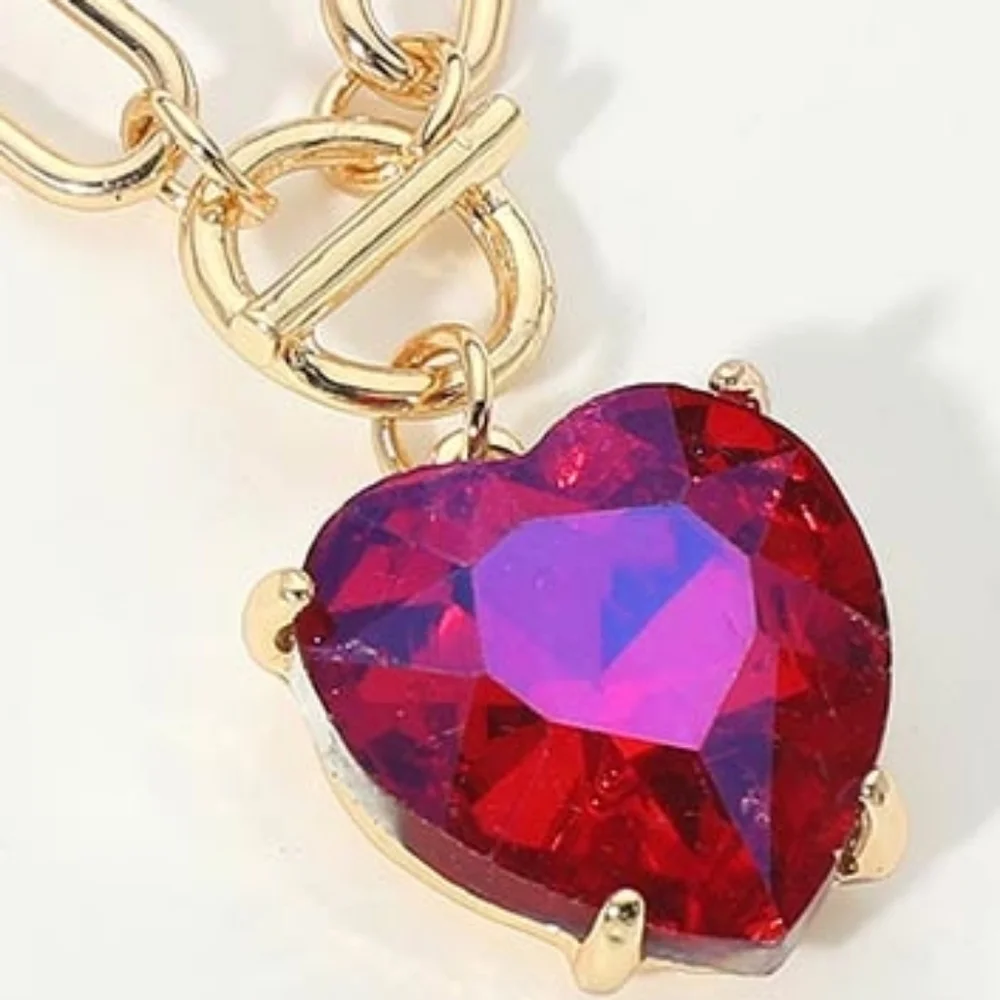 Ab Fuchsia Heart Toggle Paperclip Link Crystal Pendant Necklace Jewelry Chain